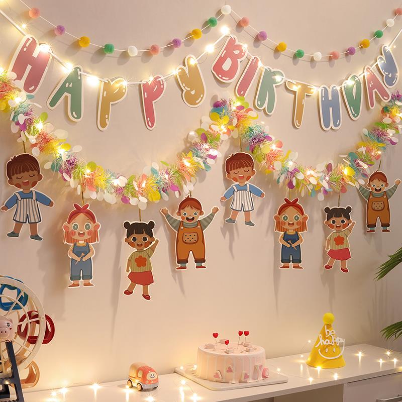 儿童生日派对装饰拉花彩挂条 男女孩宝宝周岁场BIF件景 布置拉旗
