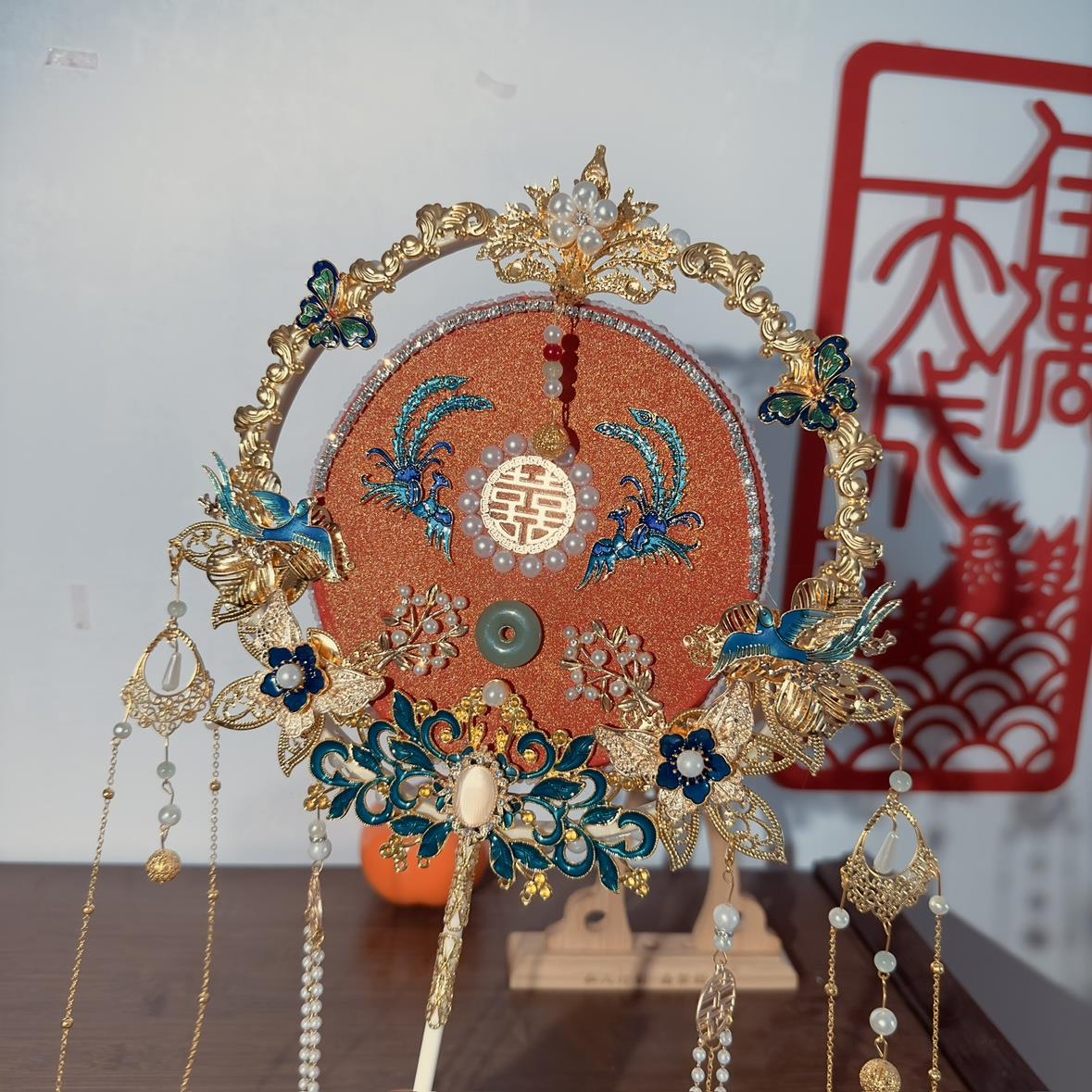 婚礼娘团扇新高出嫁秀禾FTC结婚级i感红色扇子喜扇龙凤双面dy材料