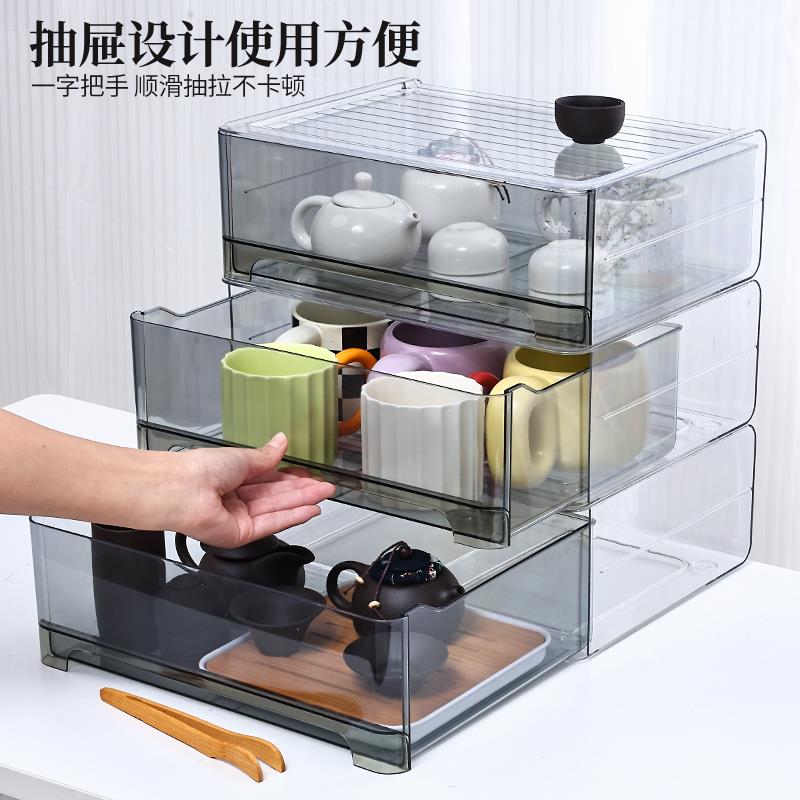 茶具杯碗收纳盒防尘抽屉公道盖杯子置物架功夫茶壶带盖子X-18杯整