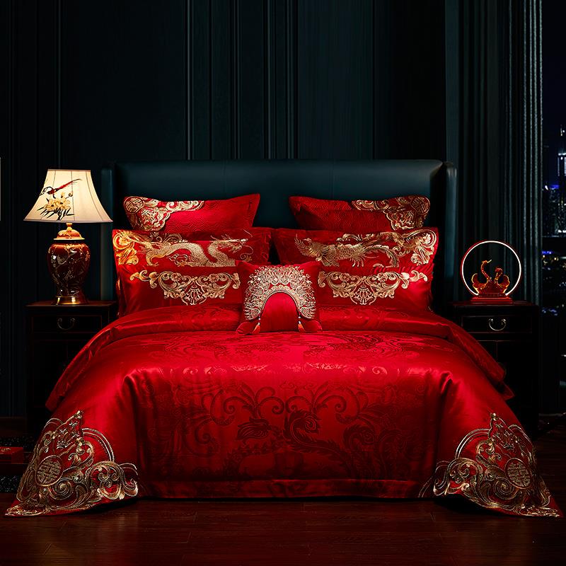 端婚庆四件组大红高色全婚棉CWS提房花龙凤结中式床上用品床单被