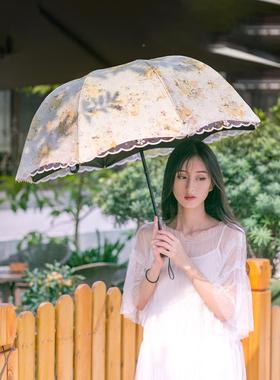 防深拱形太阳伞晒防紫外线宫廷罗波D458公主伞型双层阿蕾丝黑胶遮