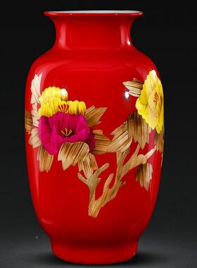景德镇陶瓶瓷花麦杆秆瓷中花OUS国红麦秆开丹富贵牡花冬瓜瓶大号