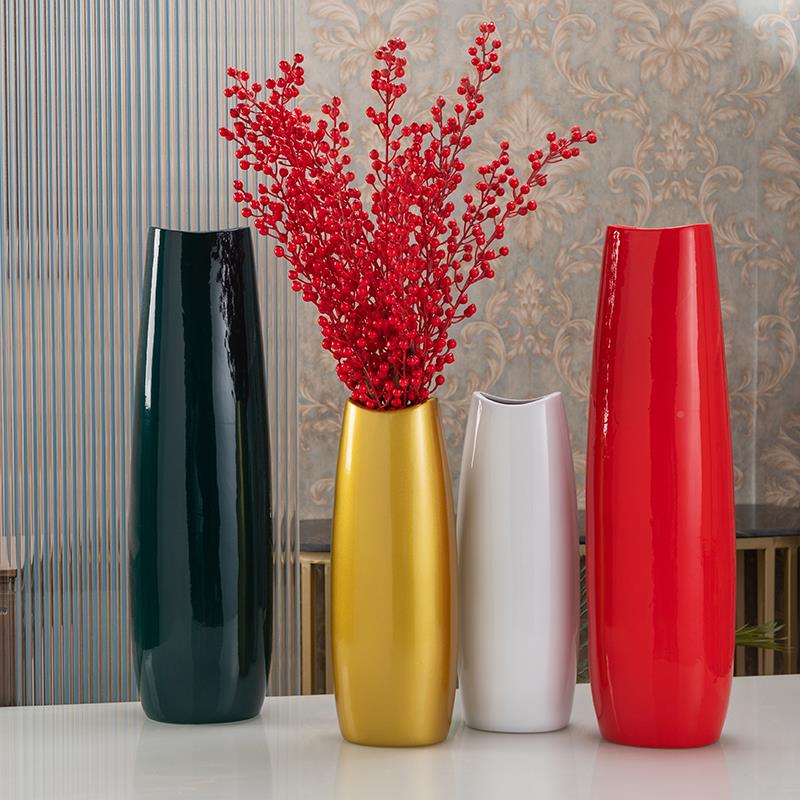 落地白色m圆大花瓶 6ION0c红色陶花瓶 客厅墨绿色花瓷器椭金色可