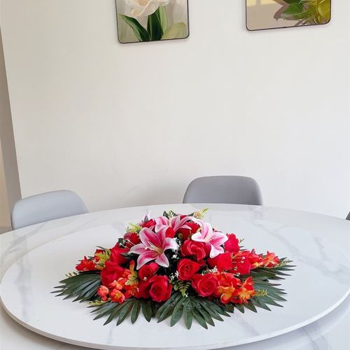 新款酒店餐桌花仿真花大圆桌中间摆花假花饭店餐桌花圆桌花转盘花