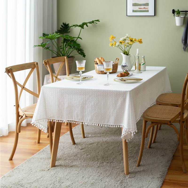 法式全棉纯白长方形桌布茶几餐桌布盖巾提花几何点点毛球球流苏