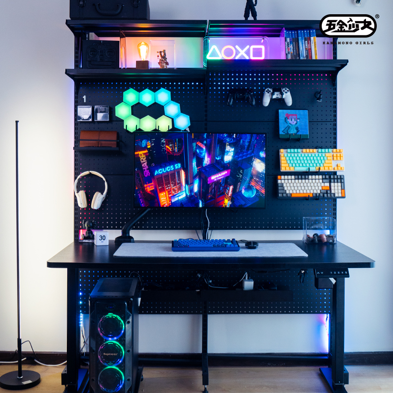 五金少女 电竞升降电脑桌台式家用人书柜办公书桌书架一体桌子