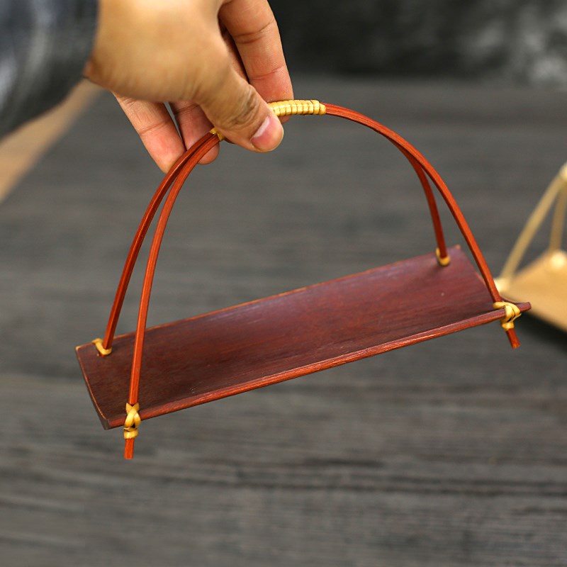 竹制提手托盘红色婚庆小托盘中式创意茶点盘糕点摆台复古毛巾托