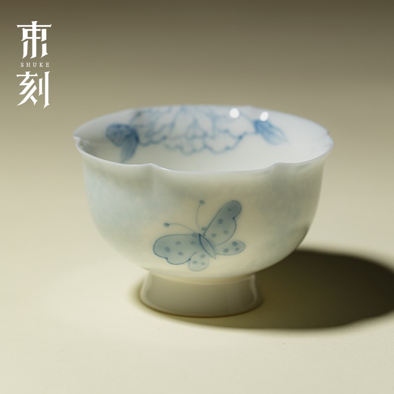 束刻白瓷花边口主人杯陶瓷手绘蝴蝶茶杯功夫茶小杯品茗杯喝茶单杯