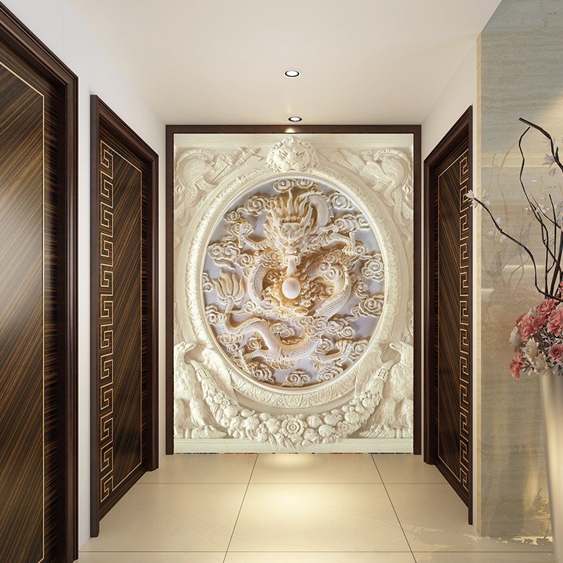 8D立体浮雕背景墙壁纸3D玉雕龙玄关墙纸定作龙纹图案走廊过道壁画