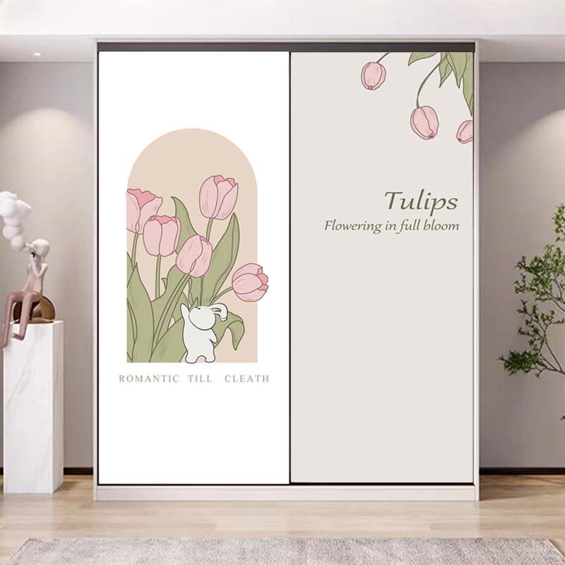 慢生活浪漫郁金香壁纸自粘防水贴纸自粘衣柜门贴纸木门翻新自粘