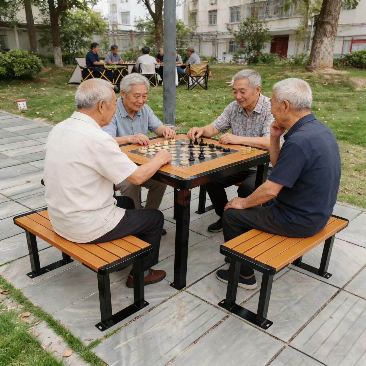 户外实木塑木公园棋牌配套休闲套防腐一体式户外桌椅室外座椅庭院