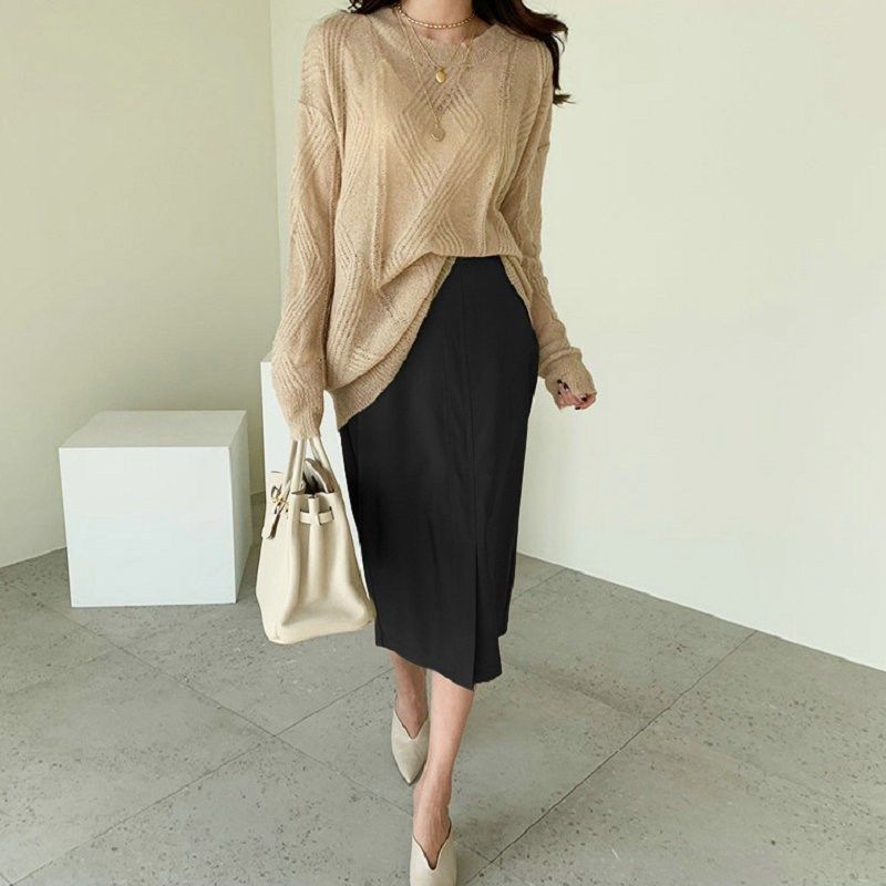 春夏西装面料黑色前开叉直筒宽松一步裙中长款半身裙女包臀裙高腰