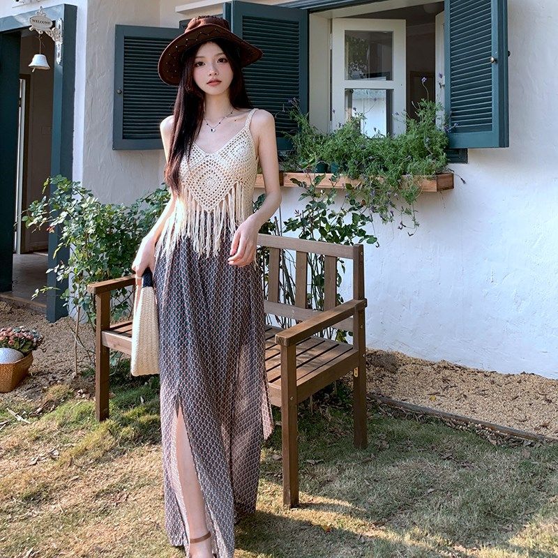 云南穿搭三亚旅行裤泰国旅游沙滩裙海边度假直筒裤吊带背心两件套