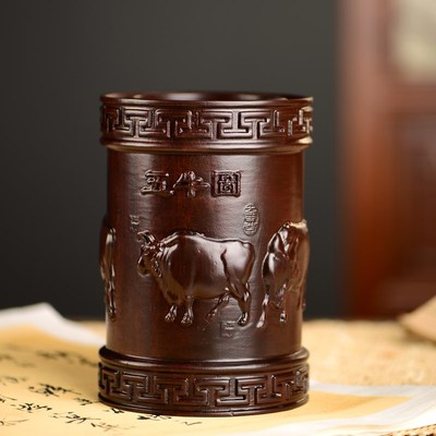 黑檀木雕五牛图笔筒工艺品办公室书桌家居客厅木质笔筒摆件送礼