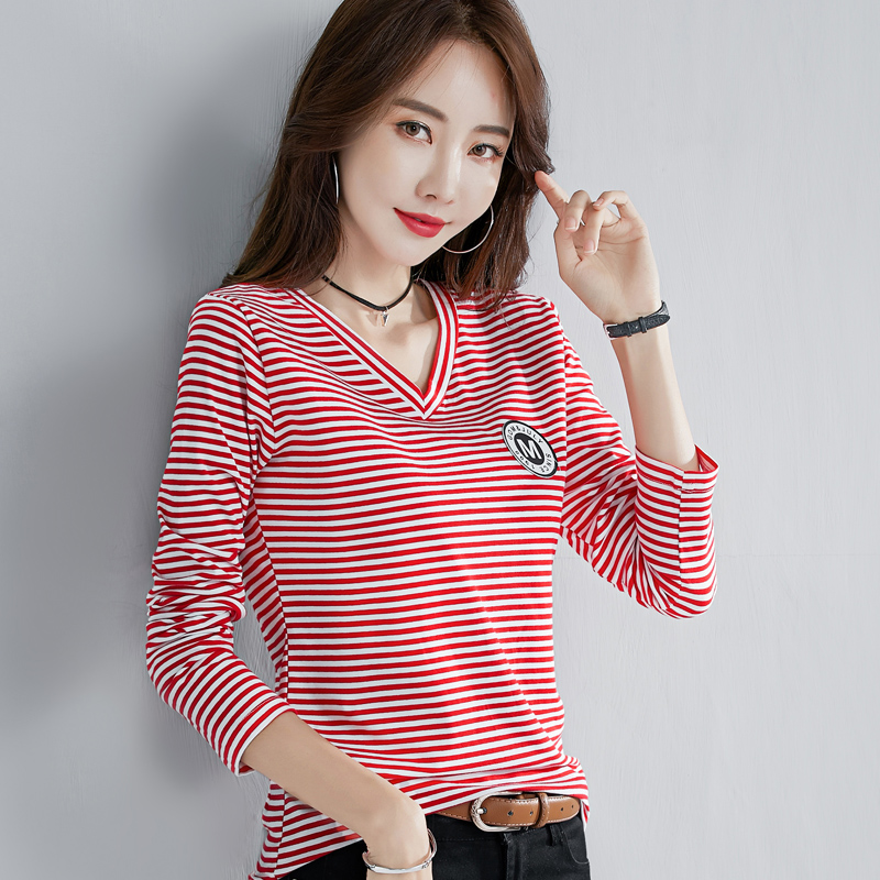 纯棉条纹长袖T恤女款2021年新款春秋装薄款修身打底衫v领上衣体桖