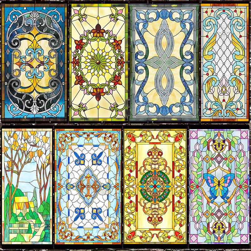 复古欧式教堂彩色玻璃贴纸静电磨砂玻璃贴膜衣柜卫生间窗户花贴纸