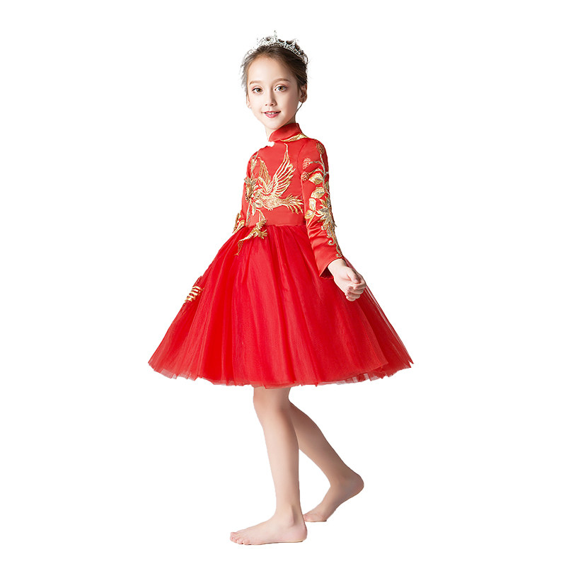 女童中式礼服公主裙红色加厚中国风儿童花童小主持人演出服秋冬季