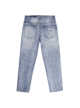 IDLT破洞牛仔裤  重水洗破洞浅蓝色  修身九分牛仔裤膝盖破洞