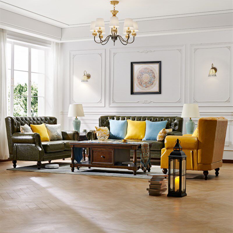 美式乡村全实木沙发油蜡皮三人位组合沙发欧式U型布艺单人沙发