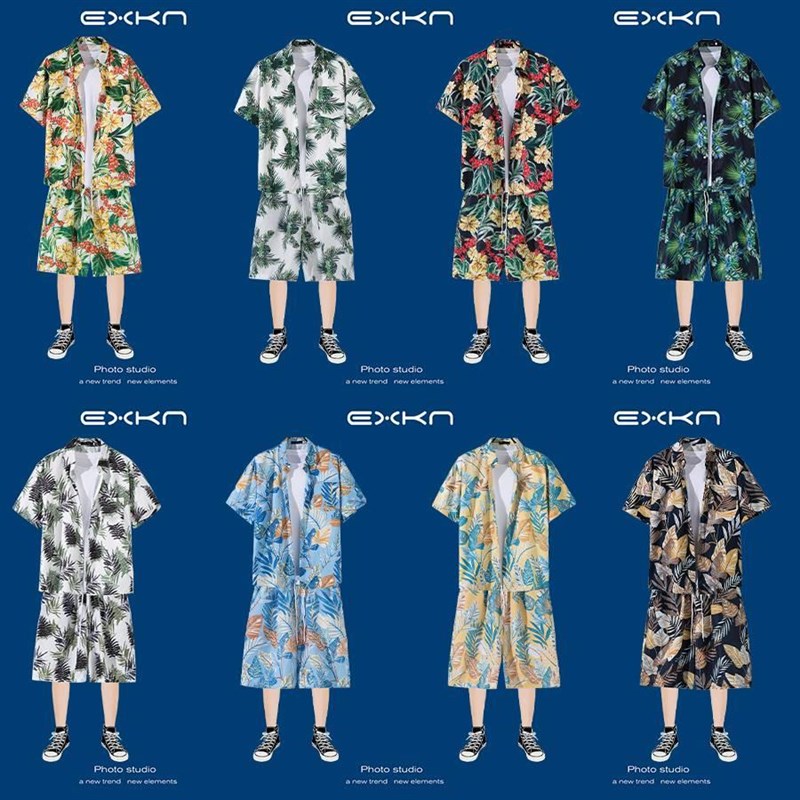 短袖花衬衫海南岛服宽松沙滩服三亚夏威风泰国旅游男情侣休闲套装