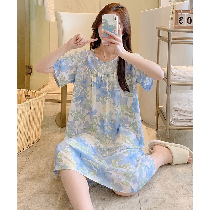 薄款家居服女夏睡裙可外穿短袖夏季棉绸睡衣女士宽松大码人棉裙子