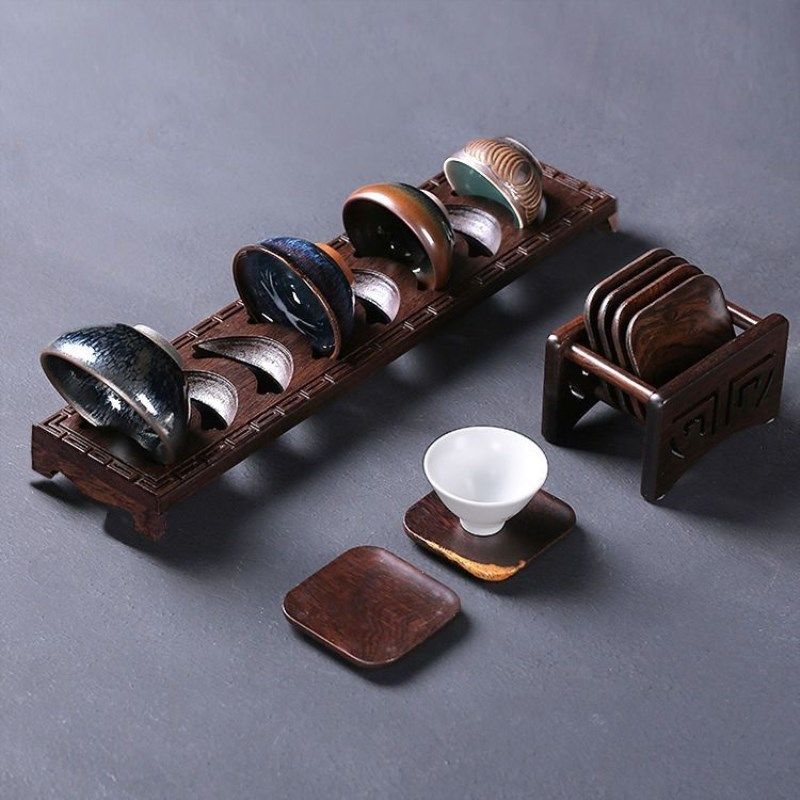茶道实木茶杯架茶具配件功夫晾杯架置物黑檀木收纳架沥水杯垫杯托