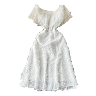 一字肩晚礼服女白色法式轻婚纱订婚领证登记羽毛小个子新娘连衣裙
