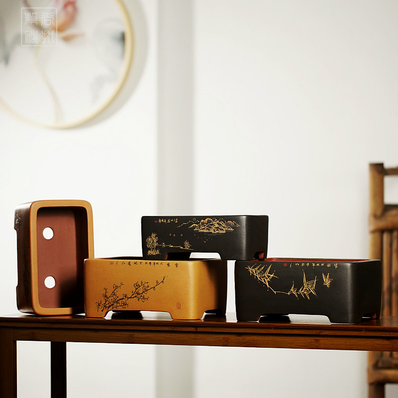 宜兴紫砂花盆手工精品大长方马槽李超山水盆景盆陶瓷多肉桌面花盆