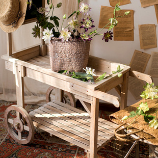 田园乡村复古落地家居推车木质花架置物架花店陈列展架多功能摆件