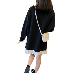 女装 气质裙子女显瘦百褶宽松大码 卫衣连衣裙 拼接时尚 2021秋冬新款