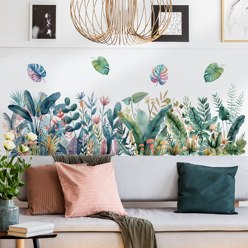 小清新热带植物叶子自粘墙壁贴纸踢脚线墙面装饰可移除玻璃装饰画