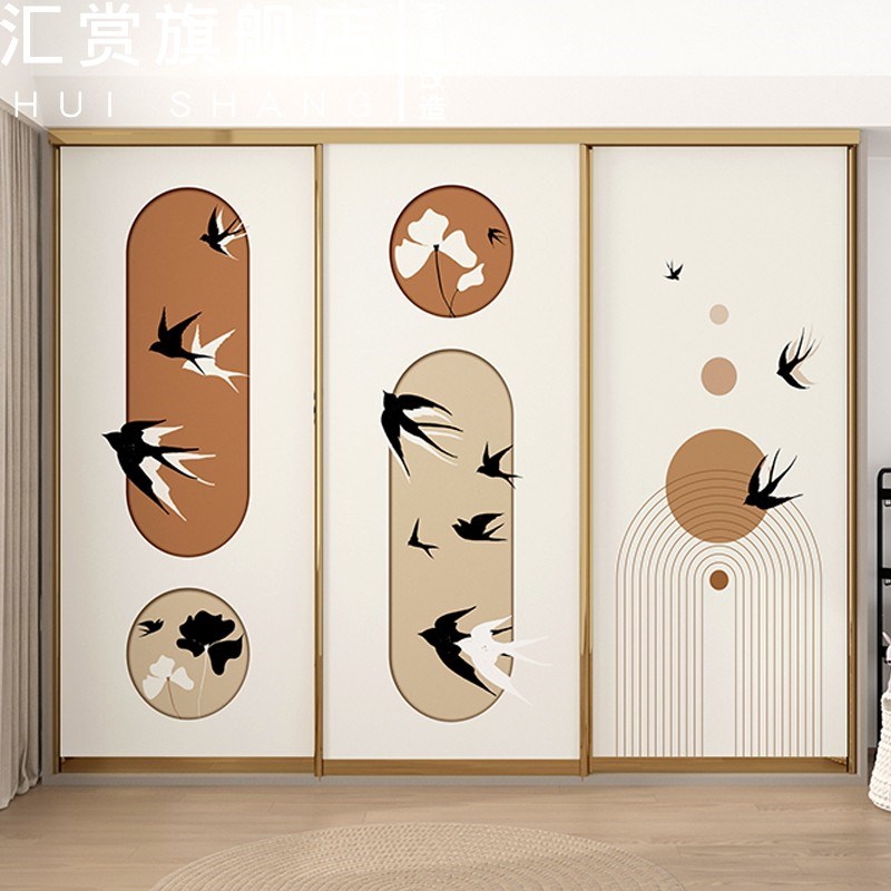 燕子衣柜门贴纸复古柜子推拉门自粘壁纸定制改造移门法式翻新贴画