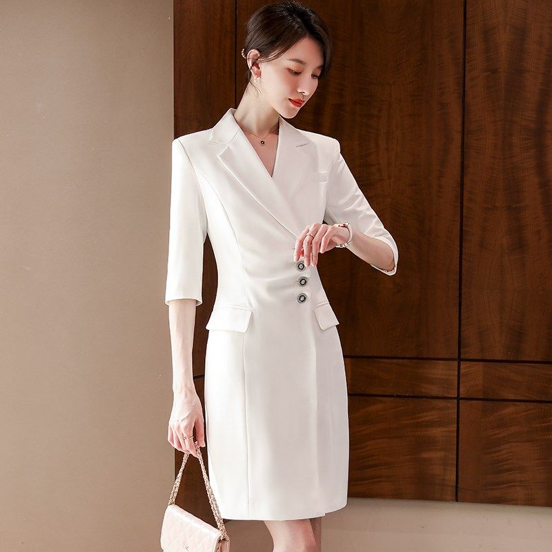 职业西装连衣裙女2024新款春秋薄款气质正式场合白色长裙面试裙子