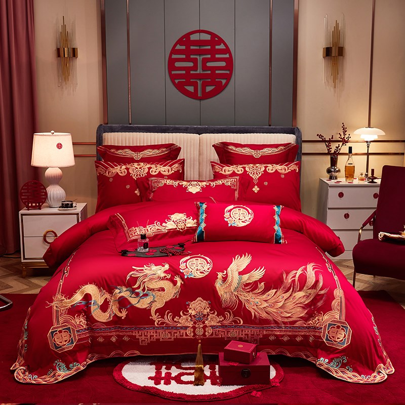 中式高端龙凤婚庆140S长绒棉四件套纯棉全棉结婚床盖新婚床上用品