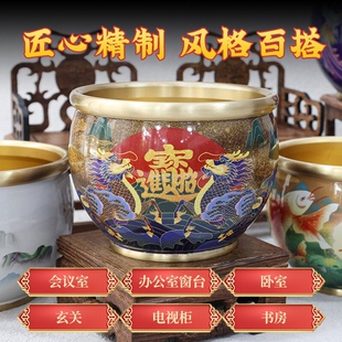 彩绘黄铜米缸百福缸纯铜聚宝盆摆件客厅家居大号存钱罐黄土米缸