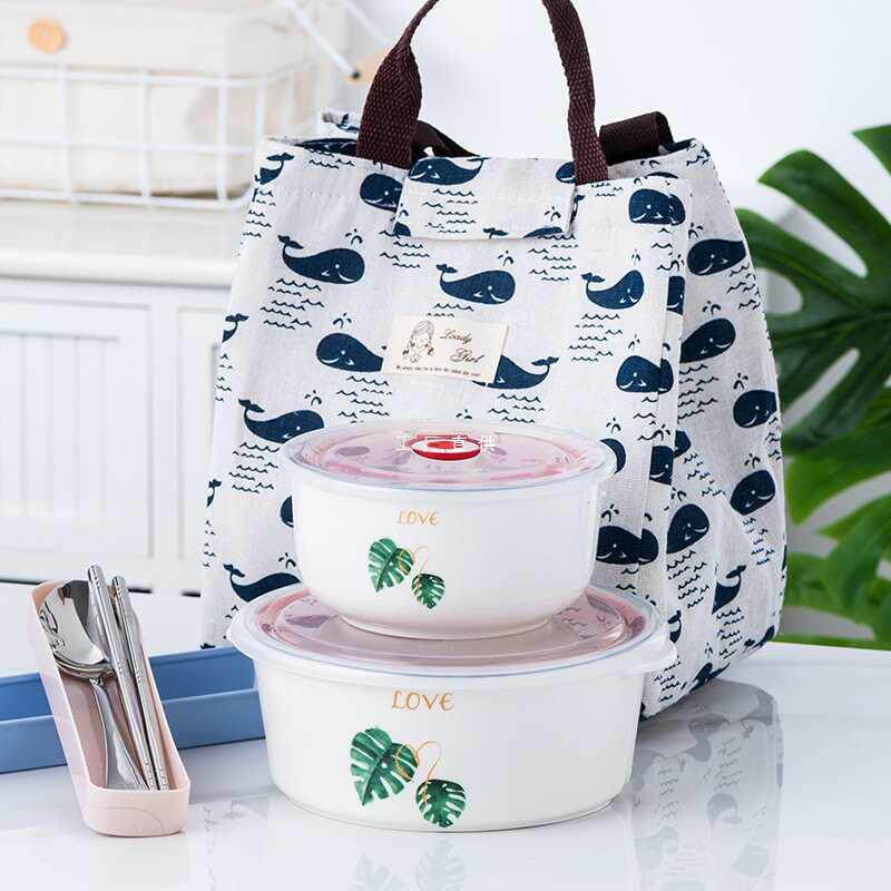 微波炉加热分隔型陶瓷饭盒上班族带饭保鲜盒套装密封带盖碗便当盒