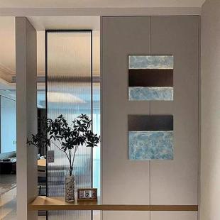 手绘油画蓝色正方形餐厅装饰画现代复古风立体肌理画客厅玄关挂画