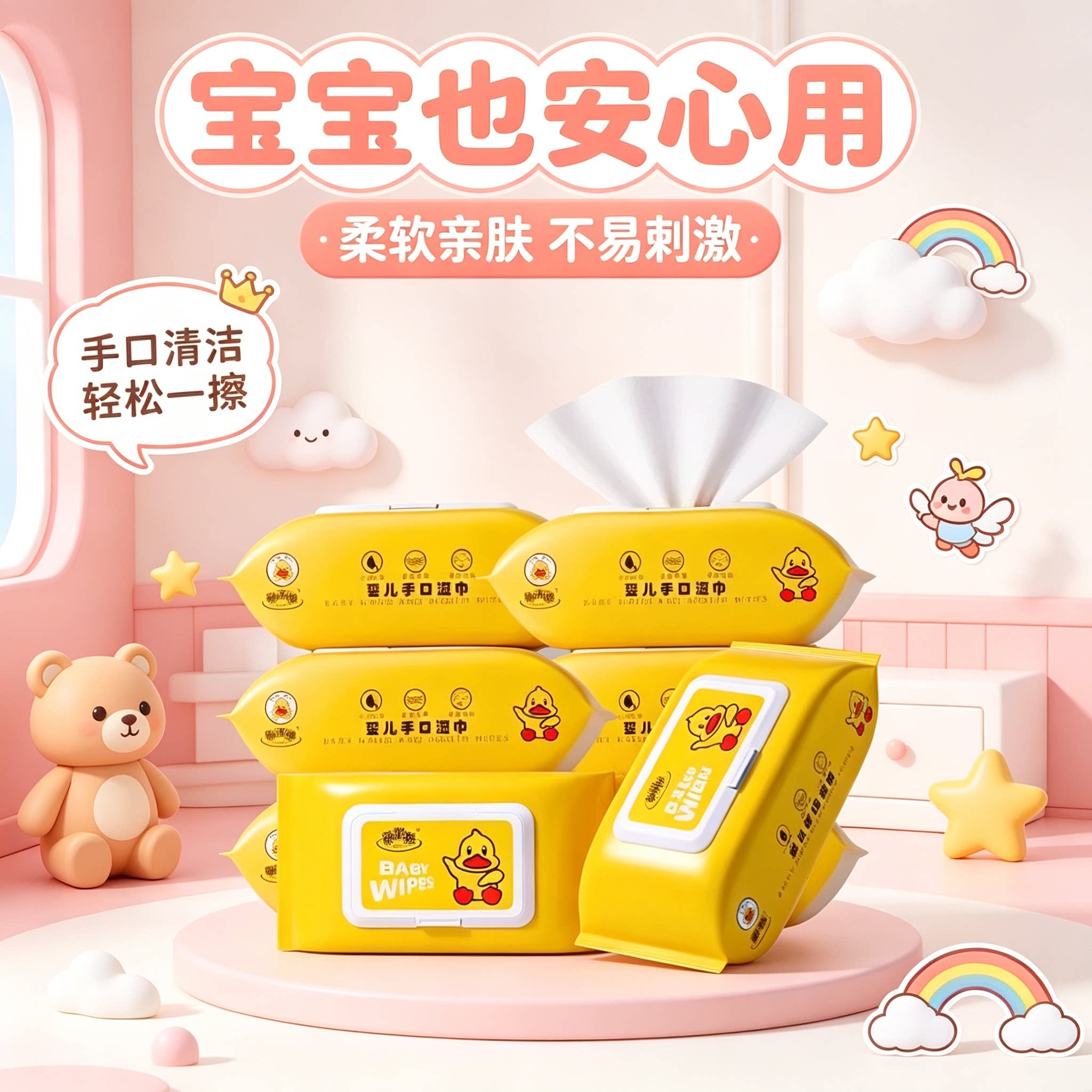 小黄鸭带盖手口湿巾婴儿家用