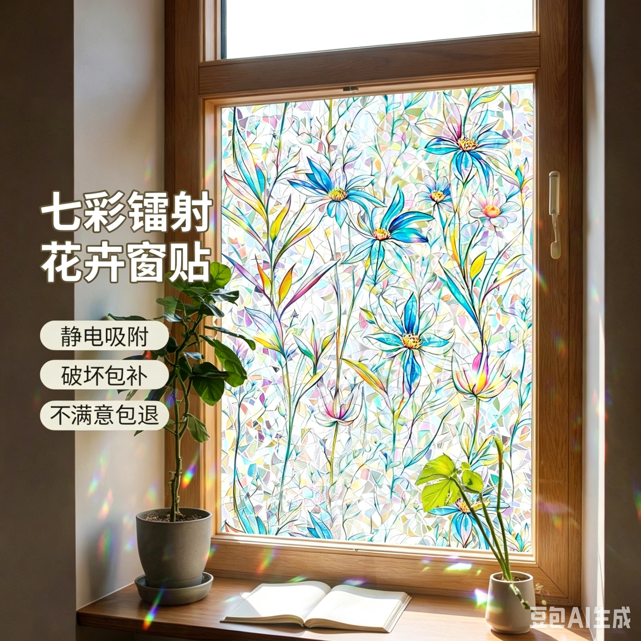 炫彩蓝莲花玻璃贴膜透光不透明卫生间防隐私窗户装饰镭射彩虹贴纸