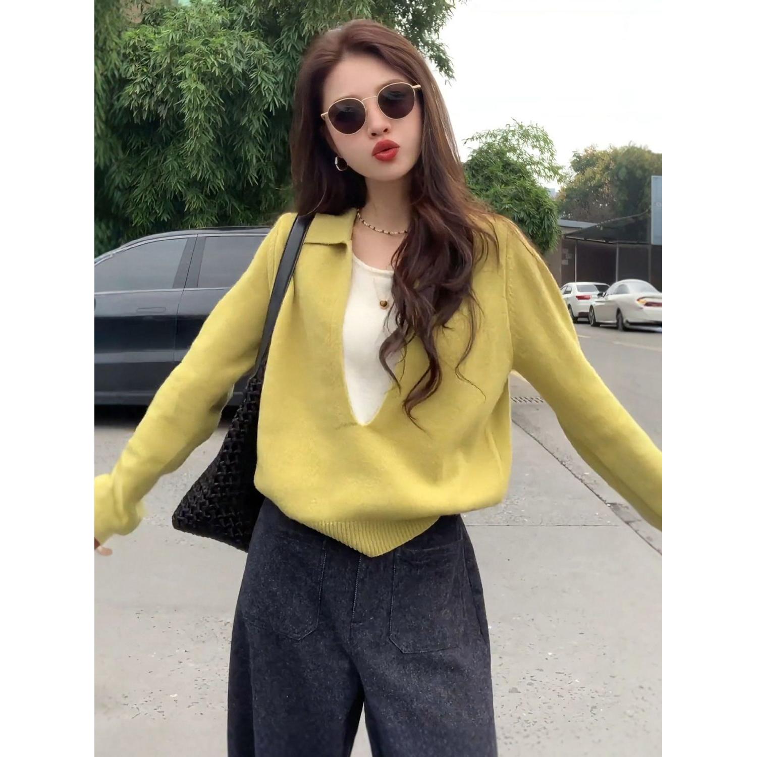 假两件拼色翻领针织上衣