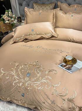 式全欧棉奢四件套高轻档通用刺被57741397套大红色绣床单纯棉结婚