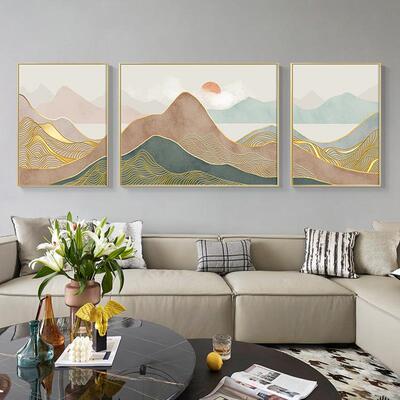 晨厅曦现代简约风格客壁装饰画三日出画白色QX202102联棕色金箔线