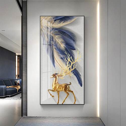 蓝色羽约272天使毛玄关装饰画现代简轻奢版风竖过道走廊尽挂头画