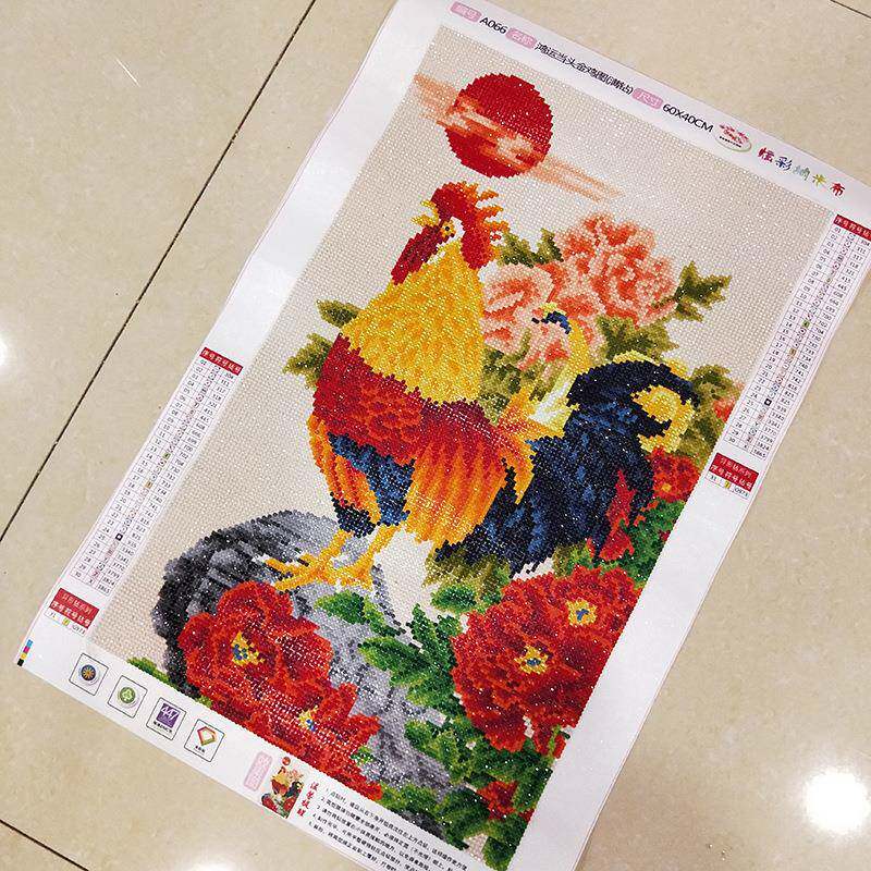 5D手钻石画好绣的品图金鸡报喜满钻金鸡图纯工贴十字绣成品成出售