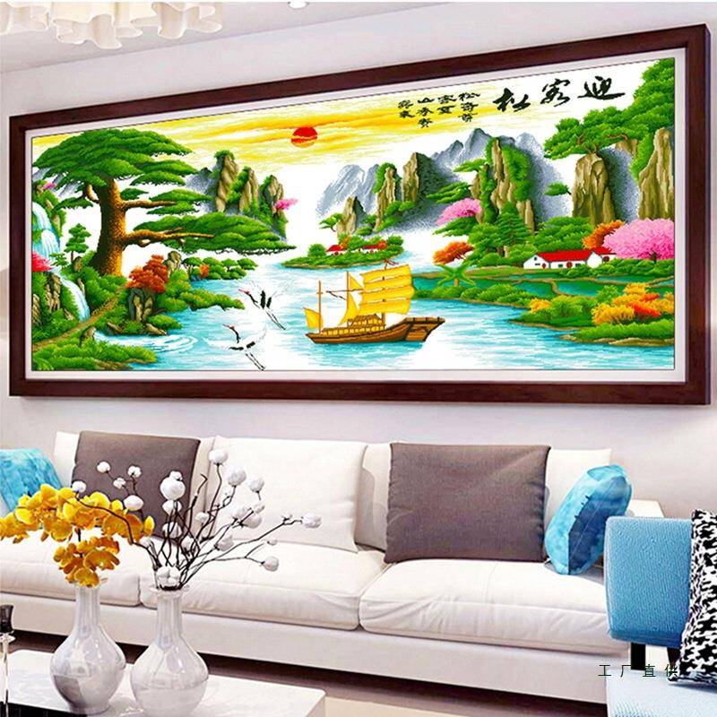 纯手工十字品成迎松财运版2米3F9H69J6J米客厅山客水风景绣画简约