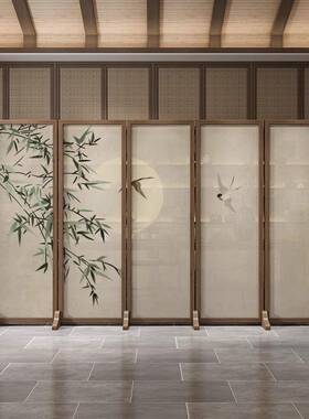 中新式风折叠移动实木断客厅简70784屏约现公室隔酒