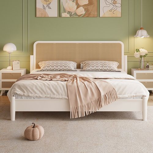 藤编实木床1米8双人法式奶油风现代简约公寓白色1米5藤床民宿家具