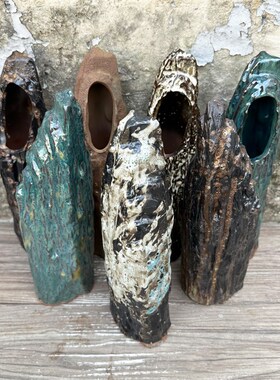 手工陶艺粗陶孤峰盆景造景流水创意装饰摆件镂空工艺桌面陶瓷假山