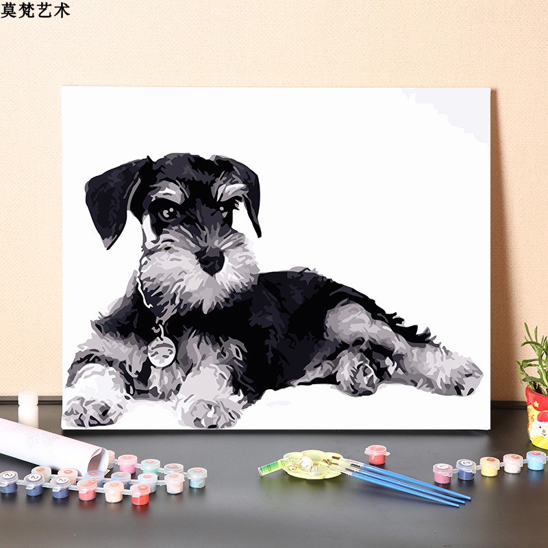 数字油画diy手工填充萌宠动物雪纳瑞犬装饰画手绘画画涂色油彩画