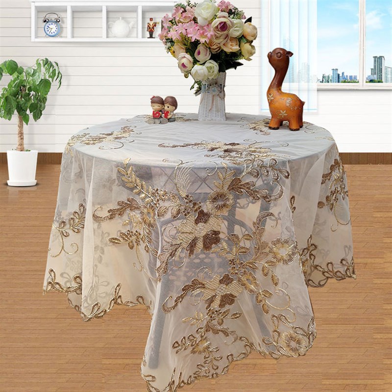 欧式绣花透明网纱桌布餐厅卧室床头柜盖布植物花卉客厅茶几布金色